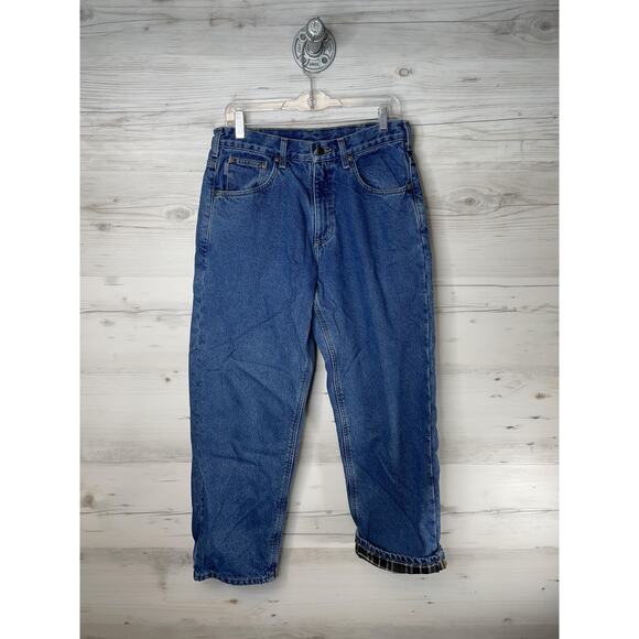 Carhartt Flannel Lined Jeans Mens 30x29 Blue Dark Stone Relaxed Fit B172 DST - Picture 1 of 10